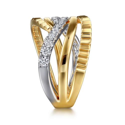 14K White & Yellow Gold Graduating Diamond Criss Cross Diamond Cut Ring