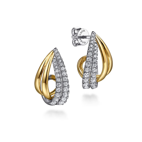 14K White & Yellow Gold Graduating Diamond J Hoop Stud Earrings