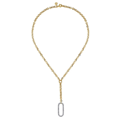 14K White & Yellow Gold Hollow Tube Link Diamond Y Necklace