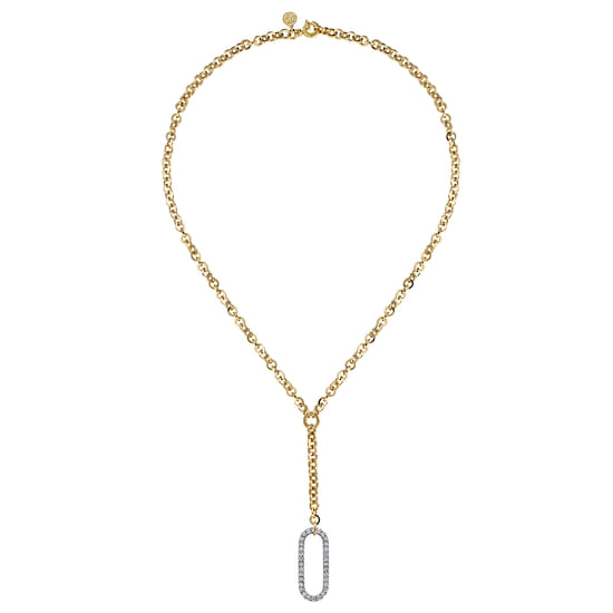 14K White & Yellow Gold Hollow Tube Link Diamond Y Necklace angle 2