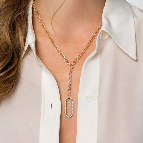 14K White & Yellow Gold Hollow Tube Link Diamond Y Necklace