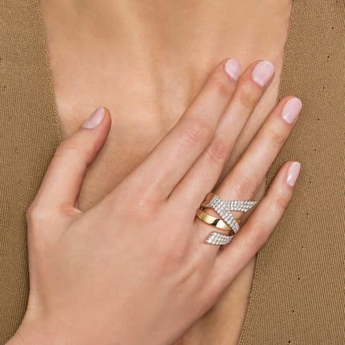 14K White & Yellow Gold Multi Row Graduating Diamond Bypass Ring