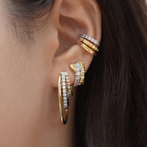 14K White & Yellow Gold Prong Set Diamond Multi Row Single Ear Cuff