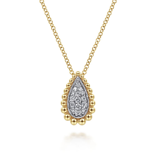 14K White & Yellow Gold Teardrop Diamond Pavé Pendant Necklace with Beaded Frame