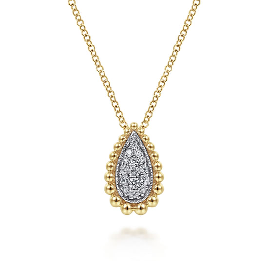 Gabriel - 14K White & Yellow Gold Teardrop Diamond Pavé Pendant Necklace with Beaded Frame