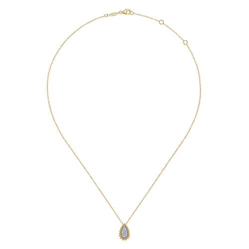 14K White & Yellow Gold Teardrop Diamond Pavé Pendant Necklace with Beaded Frame