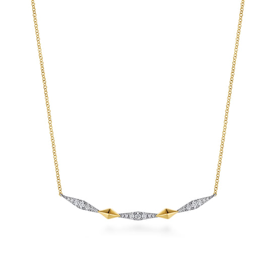 Gabriel - 14K White And Yellow Gold Graduating Diamond Kite Shape Curved Bar Necklace