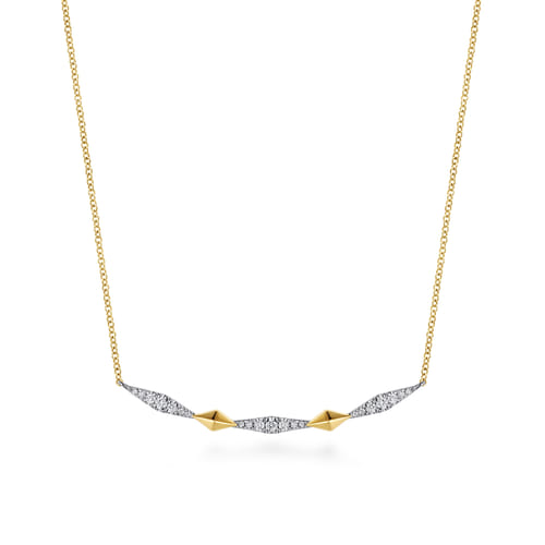 14K White And Yellow Gold Graduating Diamond Kite Shape Curved Bar Necklace 14K White And Yellow Gold Graduating Diamond Kite Shape Curved Bar Necklace
