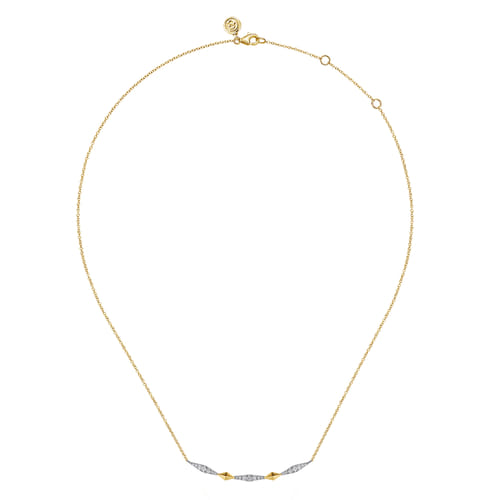 14K White And Yellow Gold Graduating Diamond Kite Shape Curved Bar Necklace 14K White And Yellow Gold Graduating Diamond Kite Shape Curved Bar Necklace