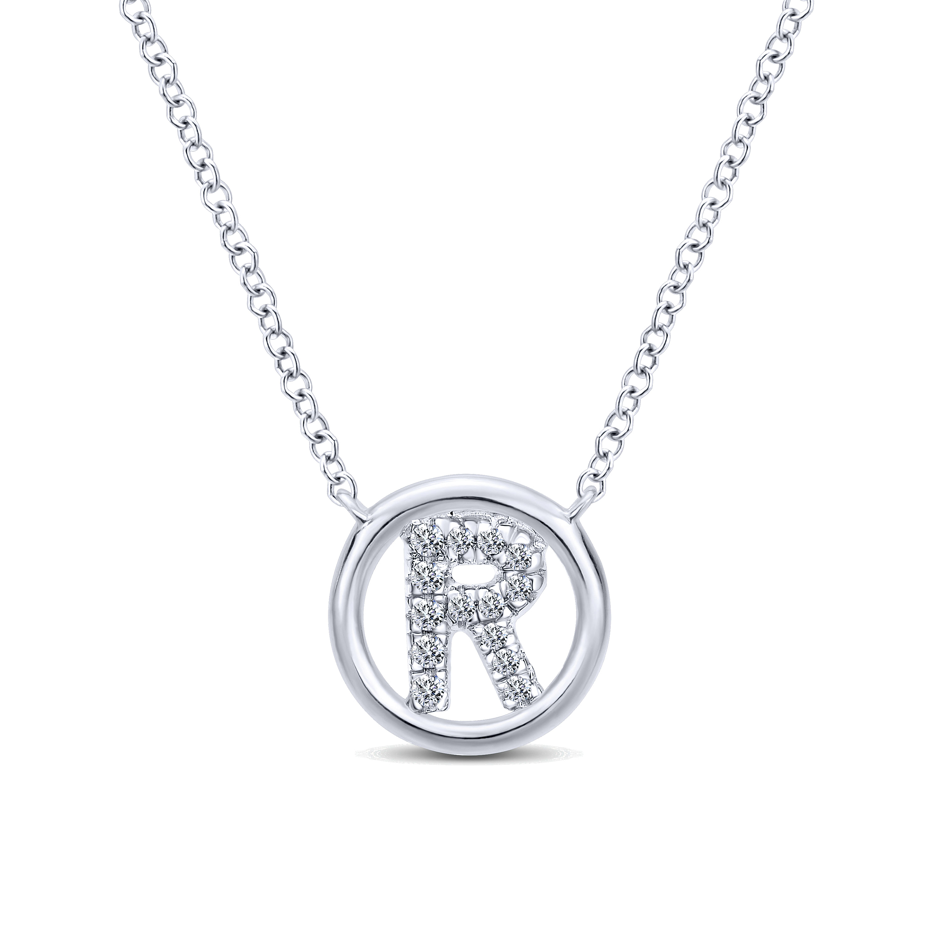 14K White Gold  Diamond R Initial Pendant Necklace