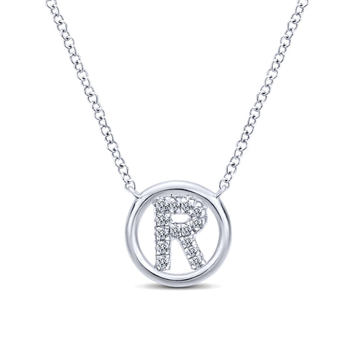 14K White Gold  Diamond R Initial Pendant Necklace