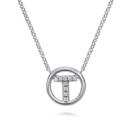 14K White Gold  Diamond T Initial Pendant Necklace