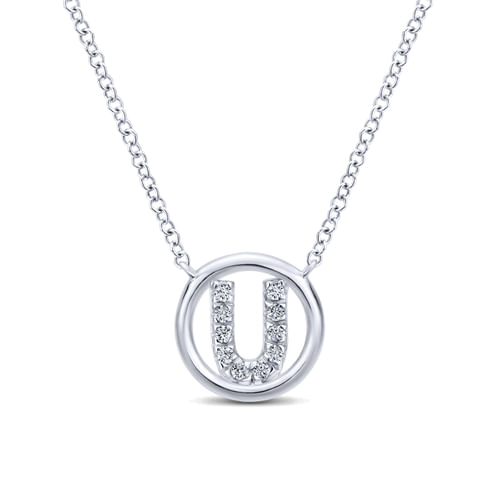 14K White Gold  Diamond U Initial Pendant Necklace