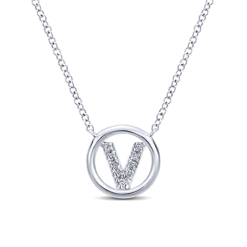 14K White Gold  Diamond V Initial Pendant Necklace