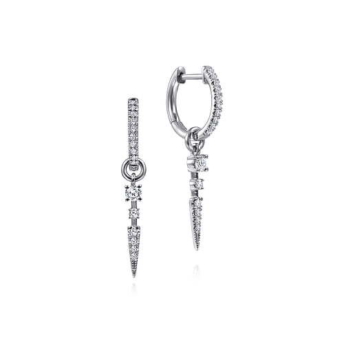 14K White Gold 10mm Diamond Huggie Earrings with Spike Drops