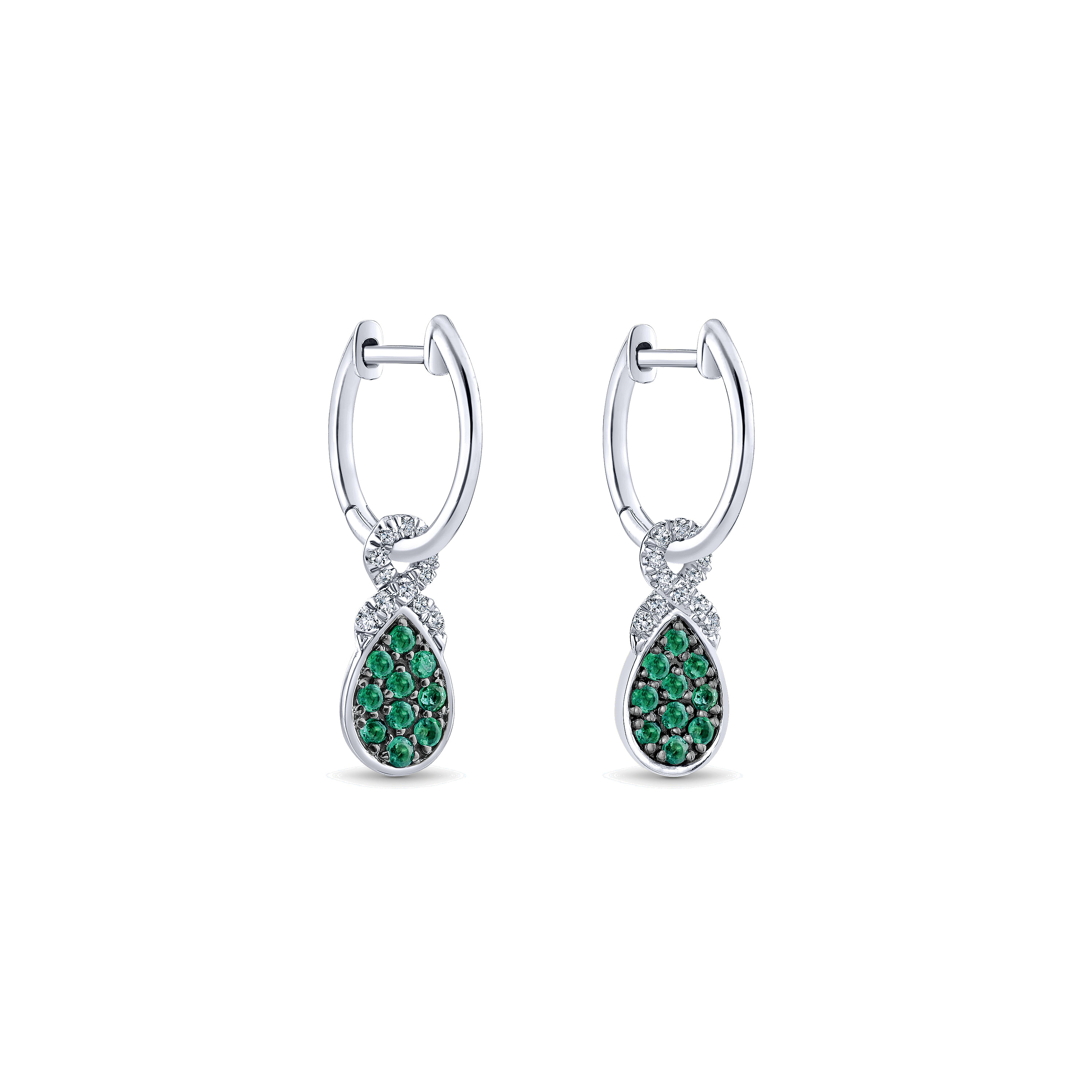 14K White Gold 10mm Diamond and Pear Shaped Emerald Cluster Huggie Drop Earrings