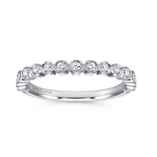 14K White Gold 11 Stone Bezel Set Diamond Anniversary Band with Milgrain