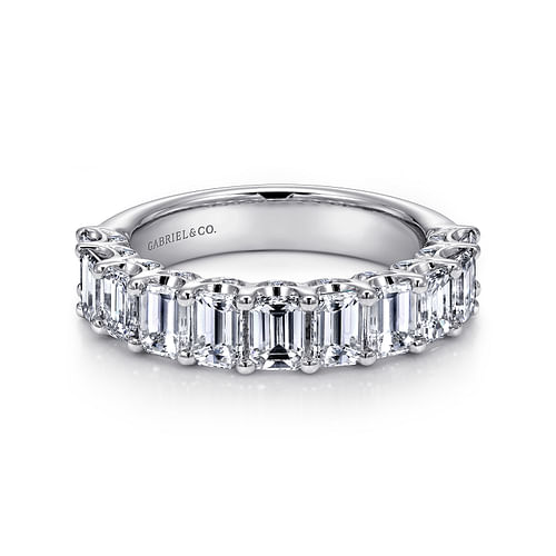 14K White Gold 11 Stone Prong Set Emerald Cut and Round Diamond Anniversary Band