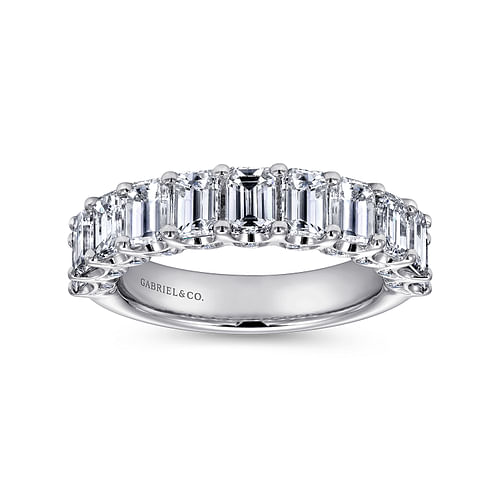 14K White Gold 11 Stone Prong Set Emerald Cut and Round Diamond Anniversary Band