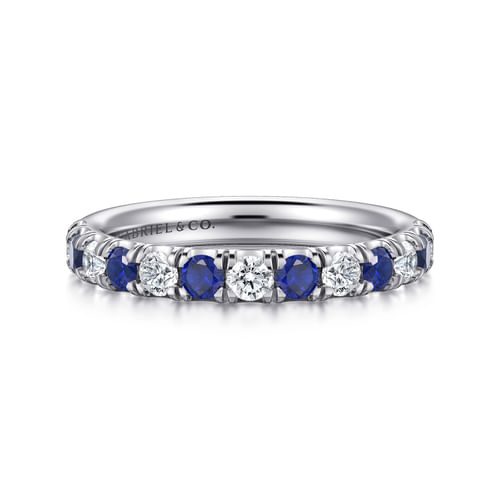 14K White Gold 13 Stone Diamond and Sapphire Anniversary Band