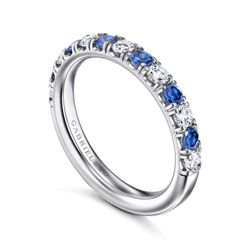 14K White Gold 13 Stone Diamond and Sapphire Anniversary Band