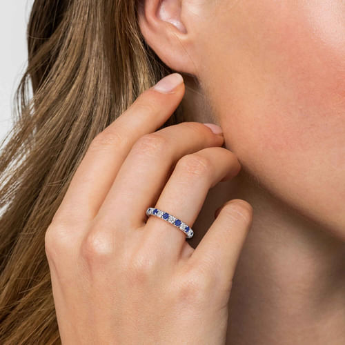 14K White Gold 13 Stone Diamond and Sapphire Anniversary Band