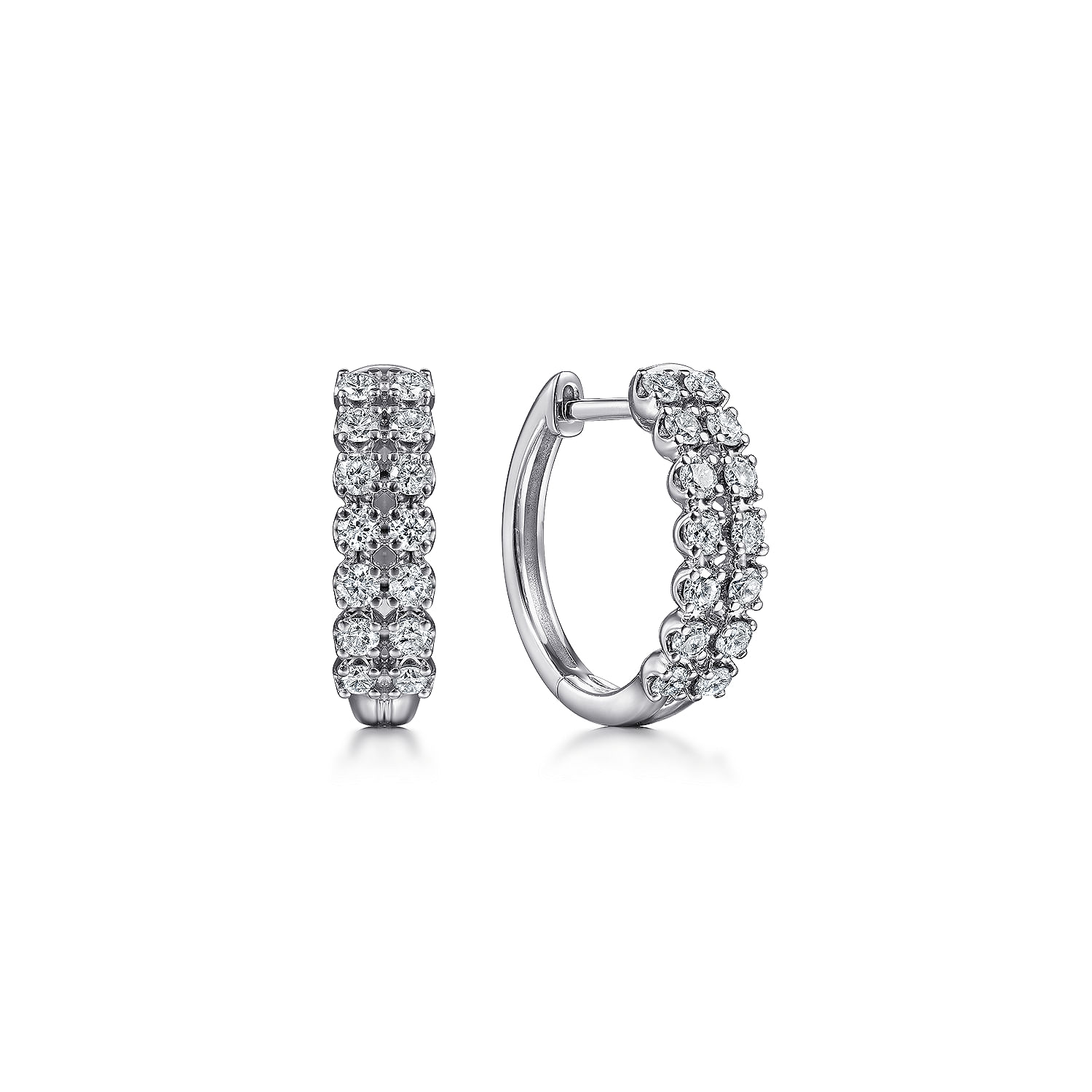 14K White Gold 15mm 2 Row Diamond Huggie Earrings