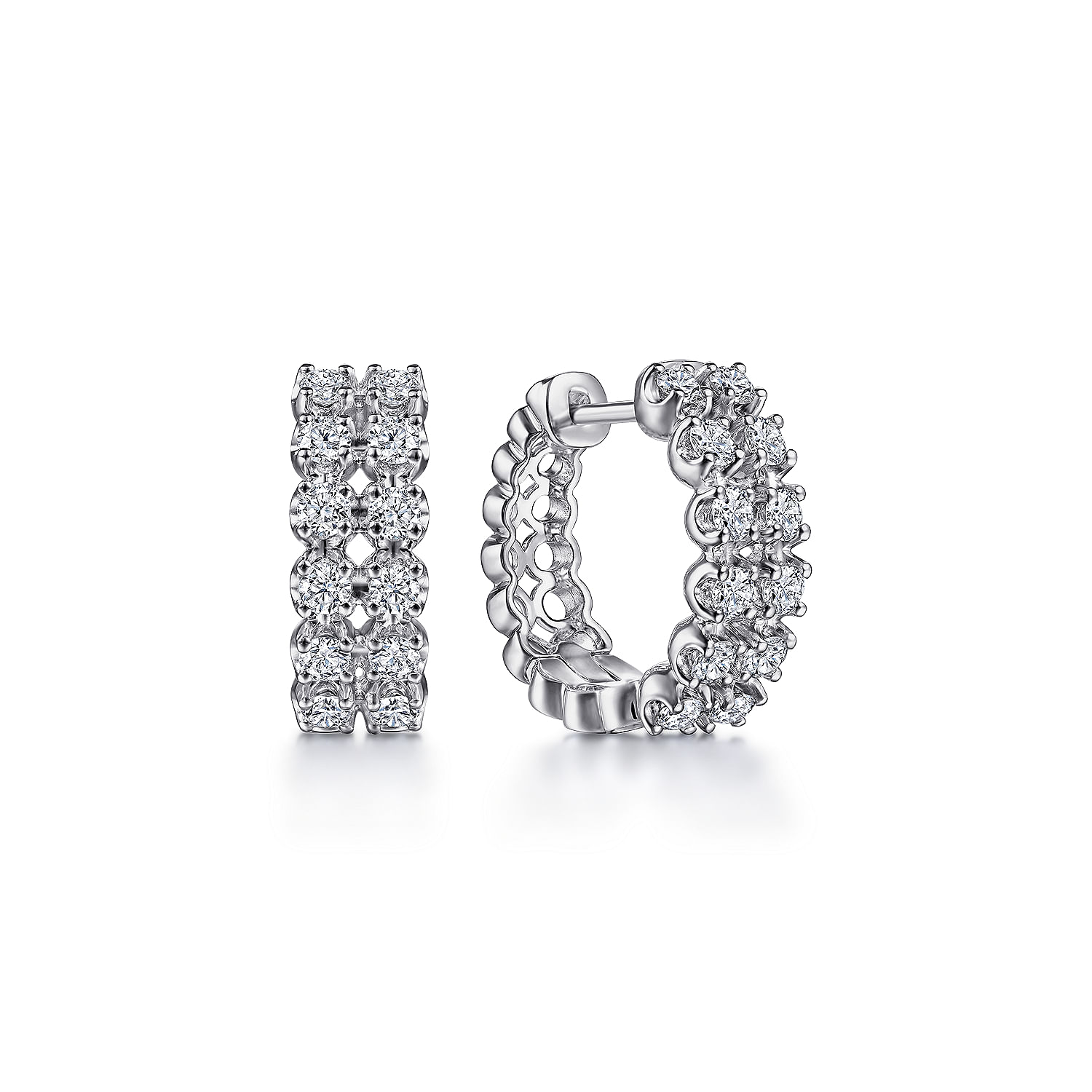 14K White Gold 15mm 2 Row Diamond Huggie Earrings