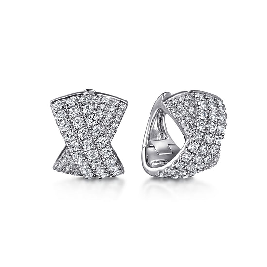 Gabriel - 14K White Gold 15mm Diamond Criss Cross Huggie Earrings