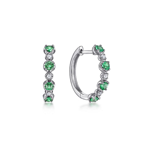 14K White Gold 15mm Diamond and Emerald Huggie Earrings