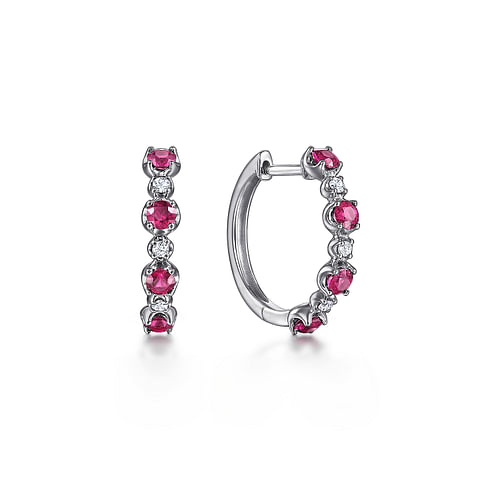 14K White Gold 15mm Diamond and Ruby Huggie Earrings