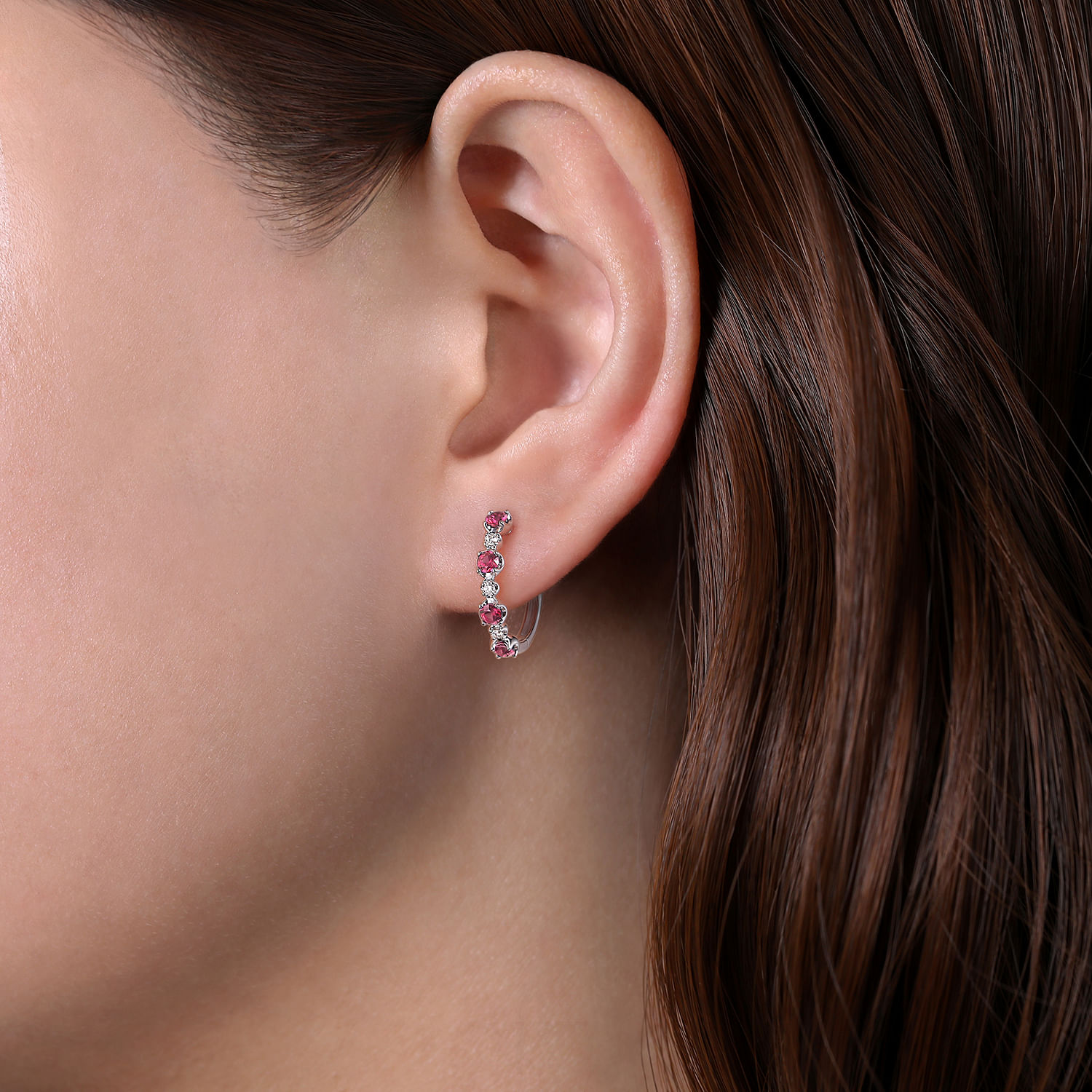 14K White Gold 15mm Diamond and Ruby Huggie Earrings