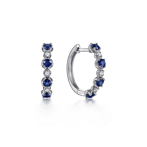 14K White Gold 15mm Diamond and Sapphire Huggie Earrings