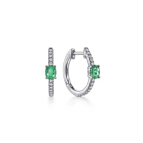 14K White Gold 15mm Diamond and Single Emerald Huggie Earrings