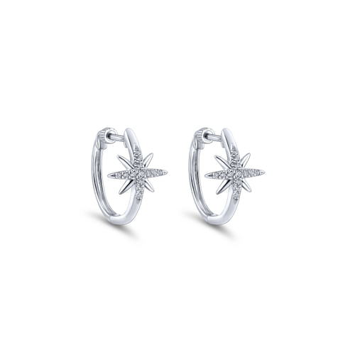 14K White Gold 15mm Diamond and Star Huggies