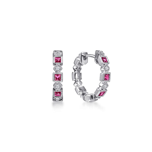 14K White Gold 15mm Ruby and Diamond Huggies