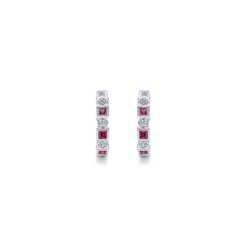 14K White Gold 15mm Ruby and Diamond Huggies