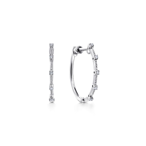 14K White Gold 20mm Diamond Station Classic Hoop Earrings