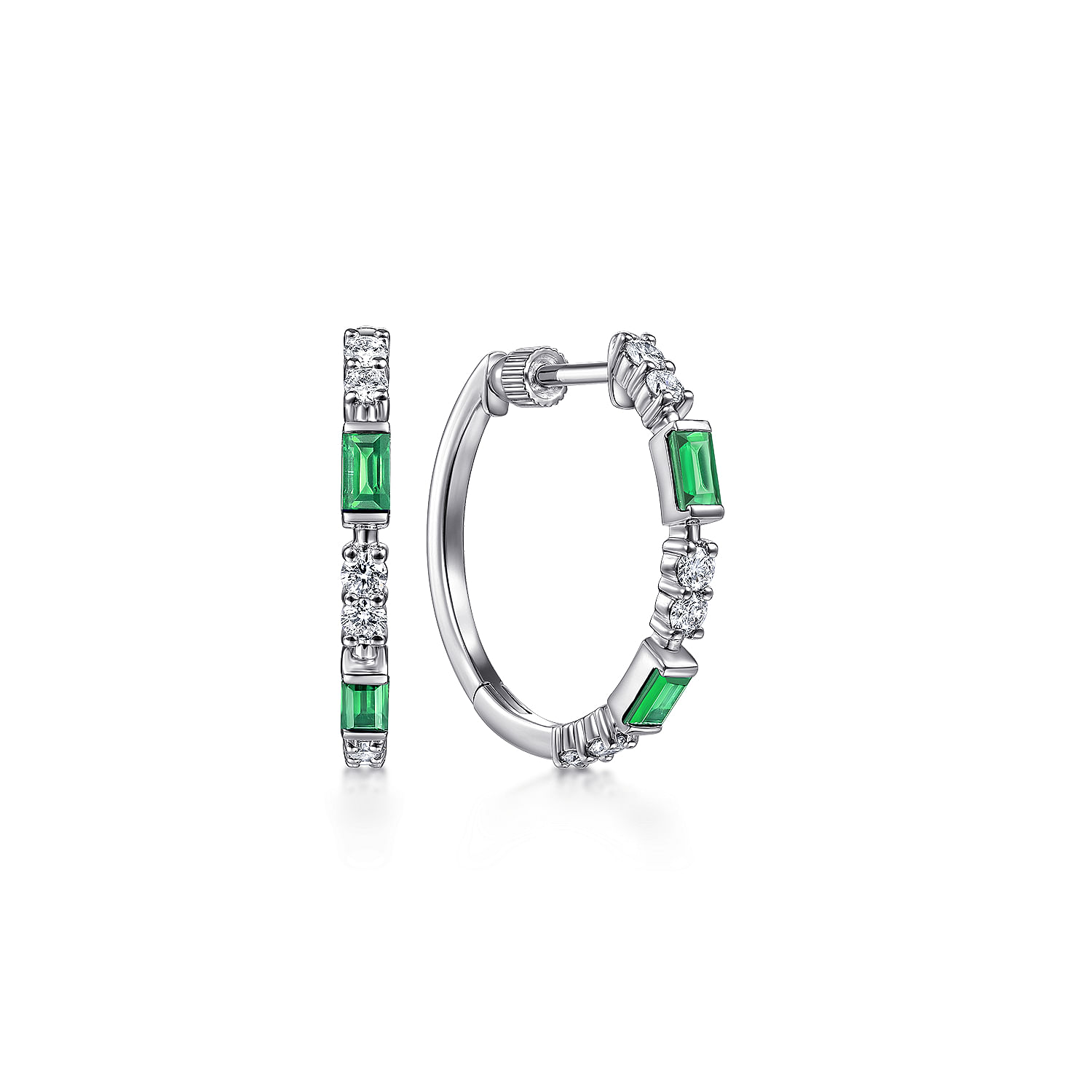 14K White Gold 20mm Emerald and Diamond Classic Hoop Earrings