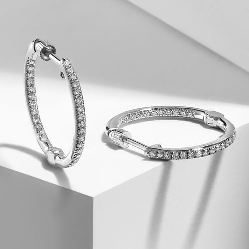 14K White Gold 20mm Round Classic Diamond Hoop Earrings