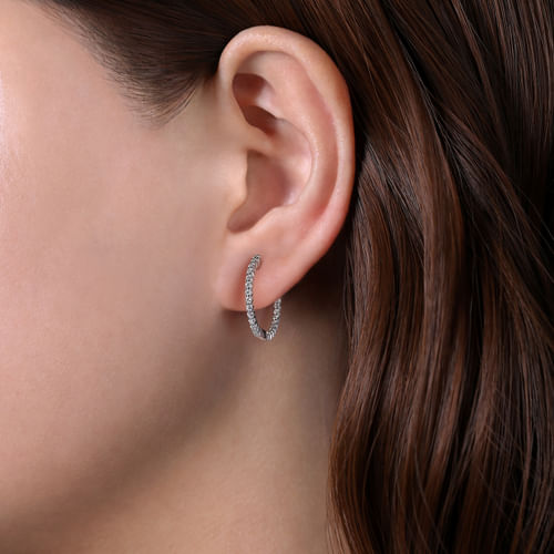 14K White Gold 20mm Round Inside Out Diamond Hoop Earrings