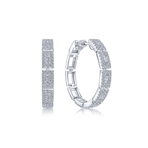 14K White Gold 25mm Diamond Station Classic Hoop Earrings