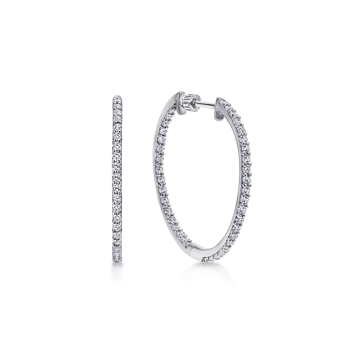 14K White Gold 25mm Round Inside Out Diamond Hoop Earrings