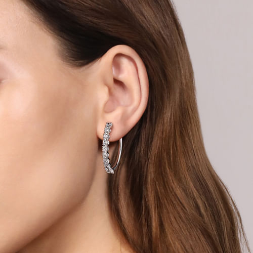 14K White Gold 30mm Diamond Hoop Earrings