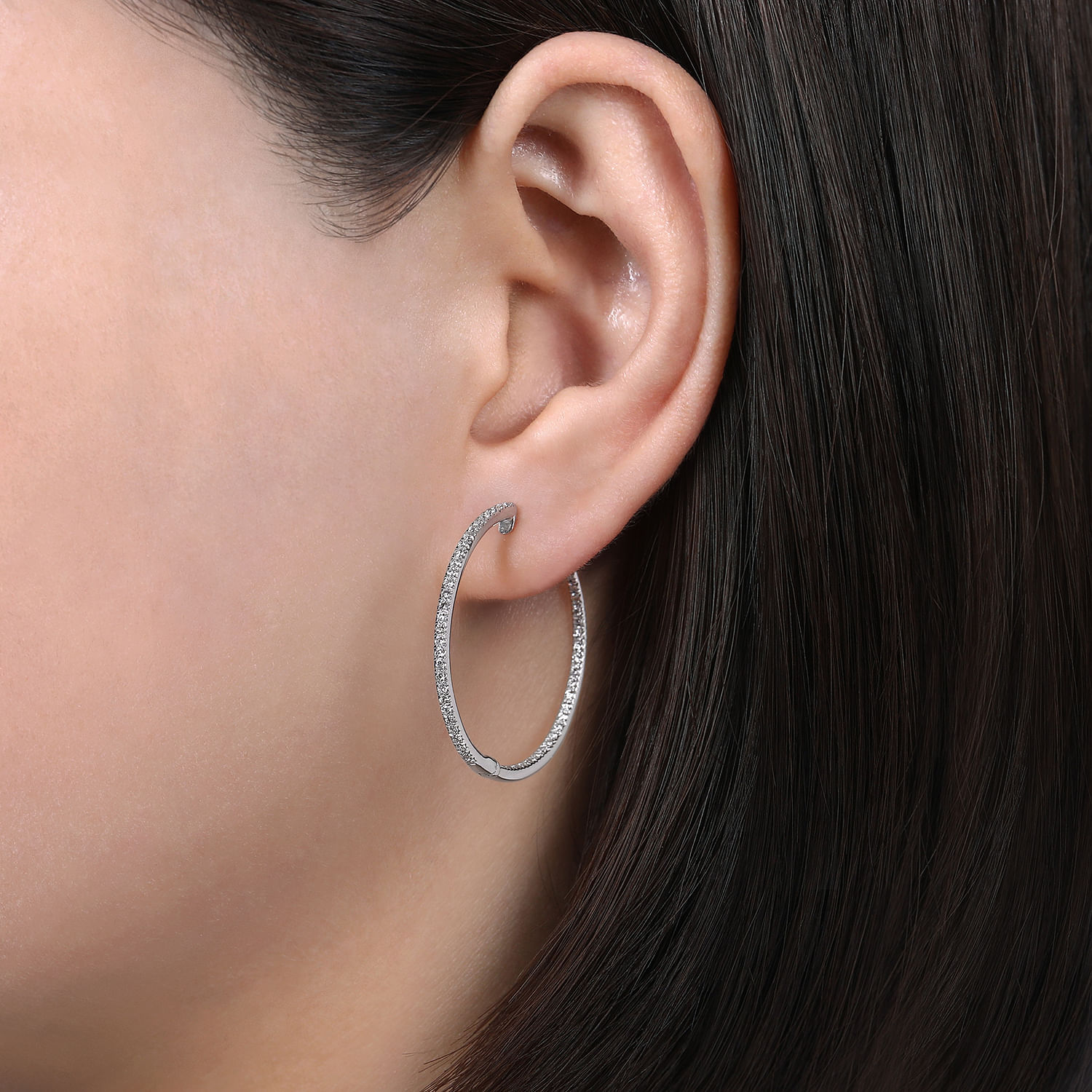 14K White Gold 30mm Round Inside Out Diamond Hoop Earrings