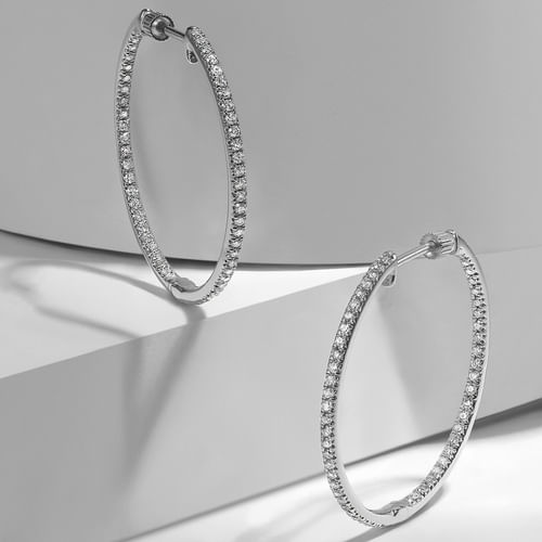 14K White Gold 30mm Round Inside Out Diamond Hoop Earrings