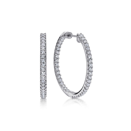 14K White Gold 30mm Round Inside Out Diamond Hoop Earrings