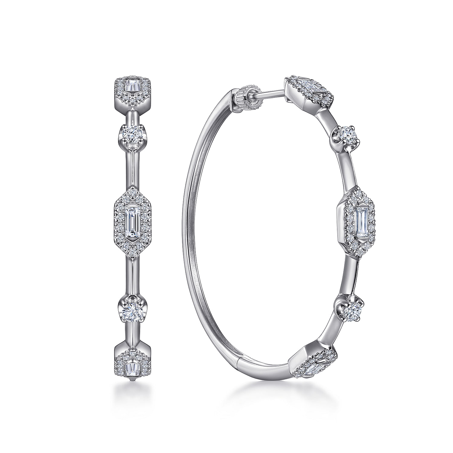 Gabriel - 14K White Gold 40mm Diamond Baguette and Round Station Classic Hoop Earrings