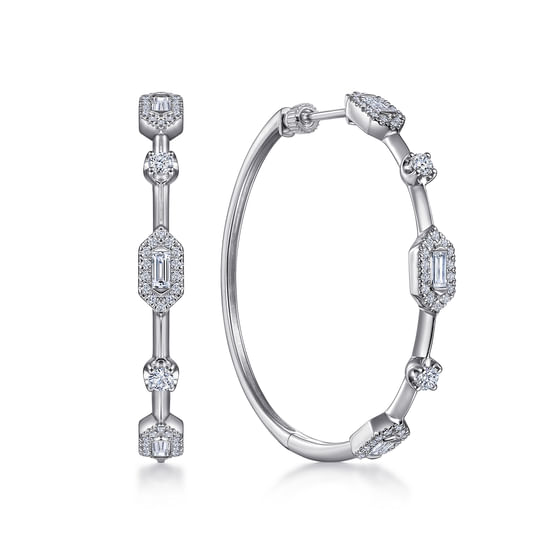Gabriel - 14K White Gold 40mm Diamond Baguette and Round Station Classic Hoop Earrings