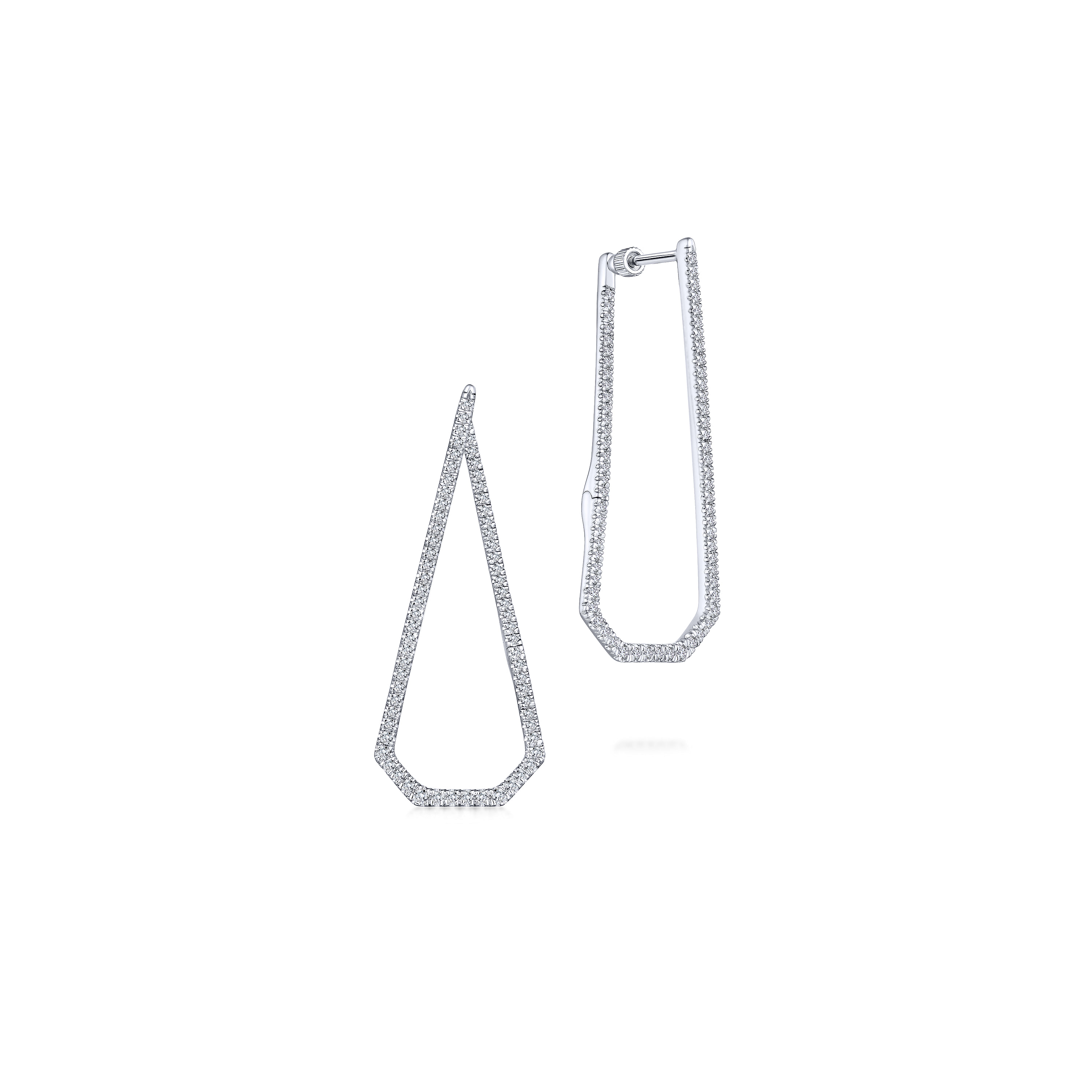 14K White Gold 40mm Long Geometric Open Hoop Diamond Earrings